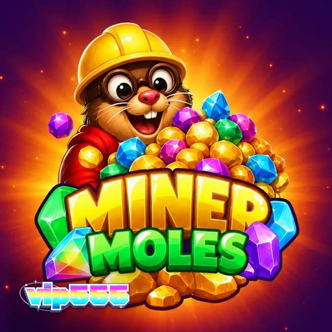 Tangkapan layar permainan slot Miner Moles menampilkan grid 6x6 dengan simbol tambang kartun dan pengganda